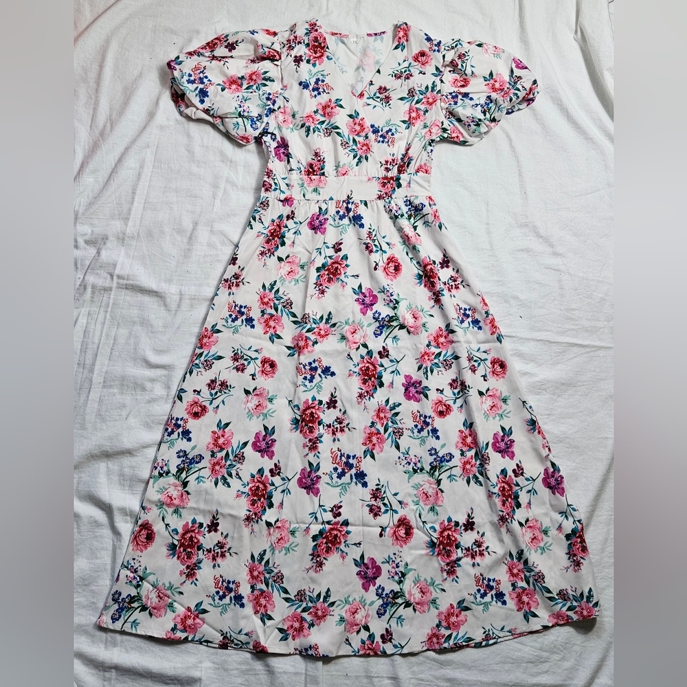 SHEIN White Floral Midi Dress with Pink & Blue Flowers